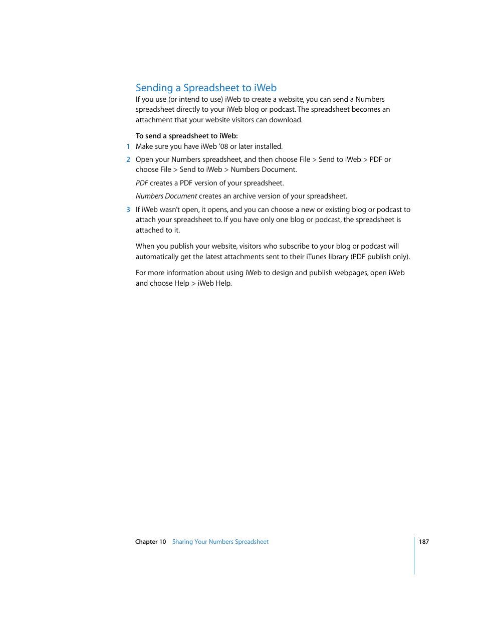 Sending a spreadsheet to iweb | Apple Numbers '08 User Manual | Page 187 / 295
