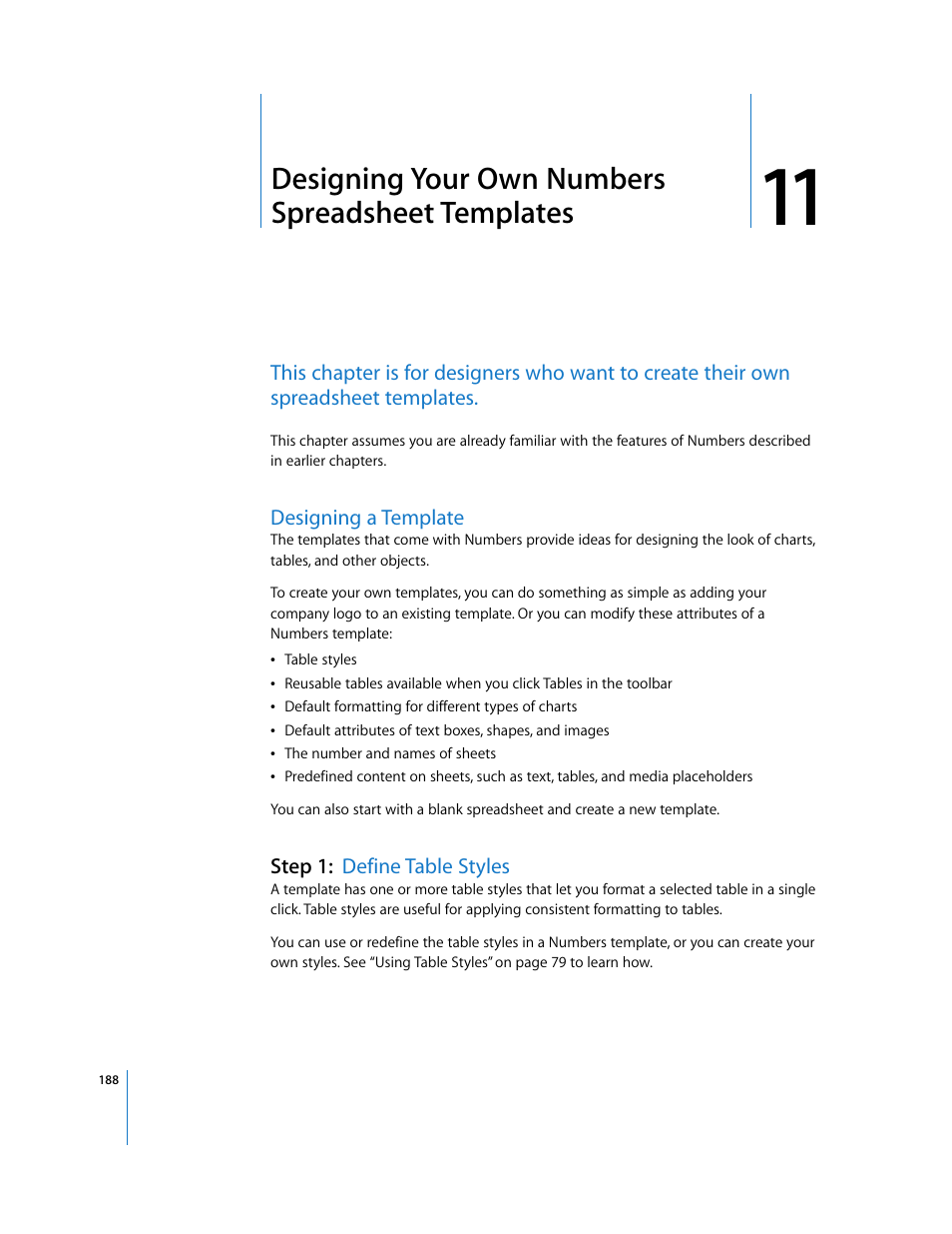 Designing your own numbers spreadsheet templates, Designing a template, Step 1:define table styles | Chapter 11 | Apple Numbers '08 User Manual | Page 188 / 295