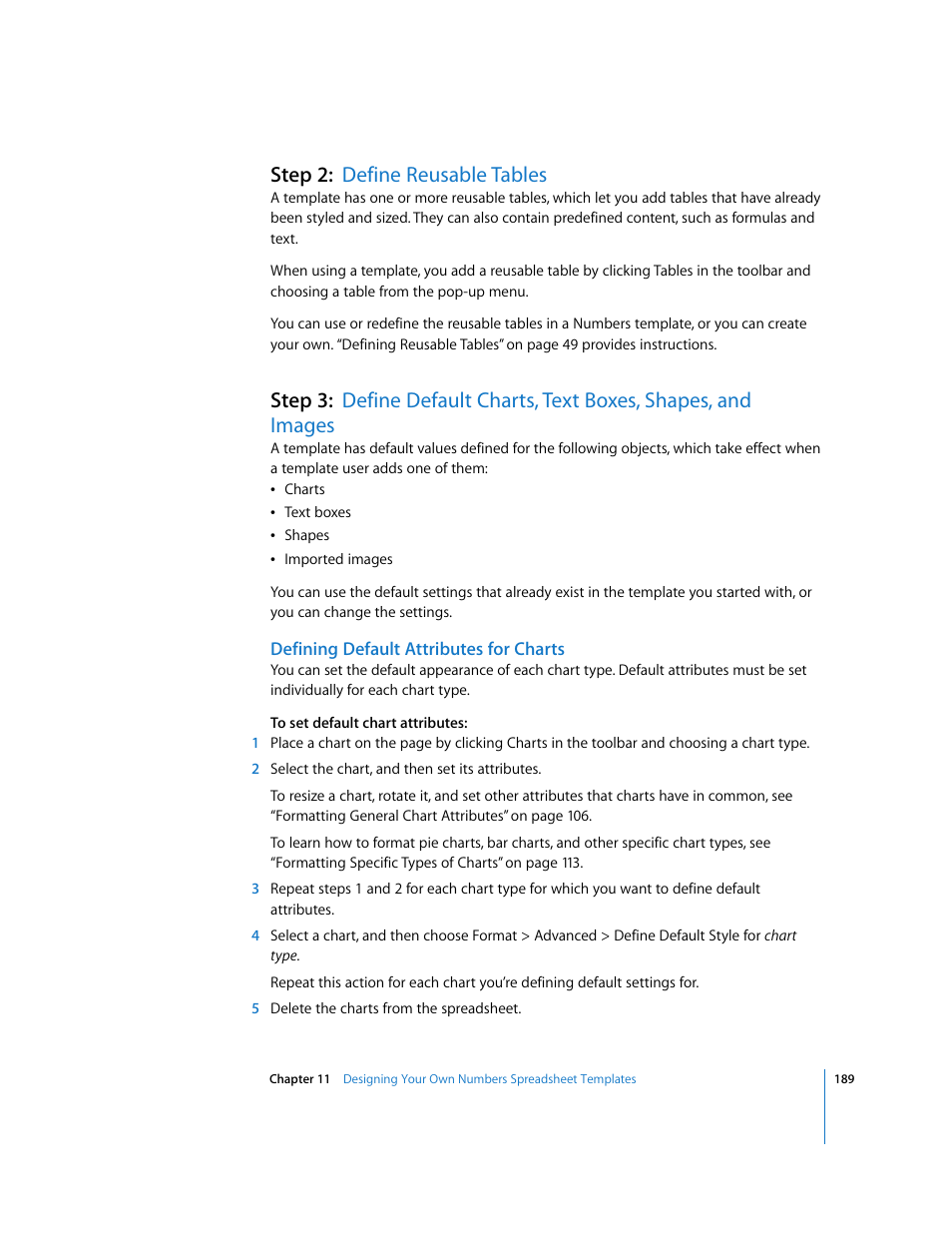 Step 2:define reusable tables, Defining default attributes for charts, Step 2: define reusable tables | Apple Numbers '08 User Manual | Page 189 / 295