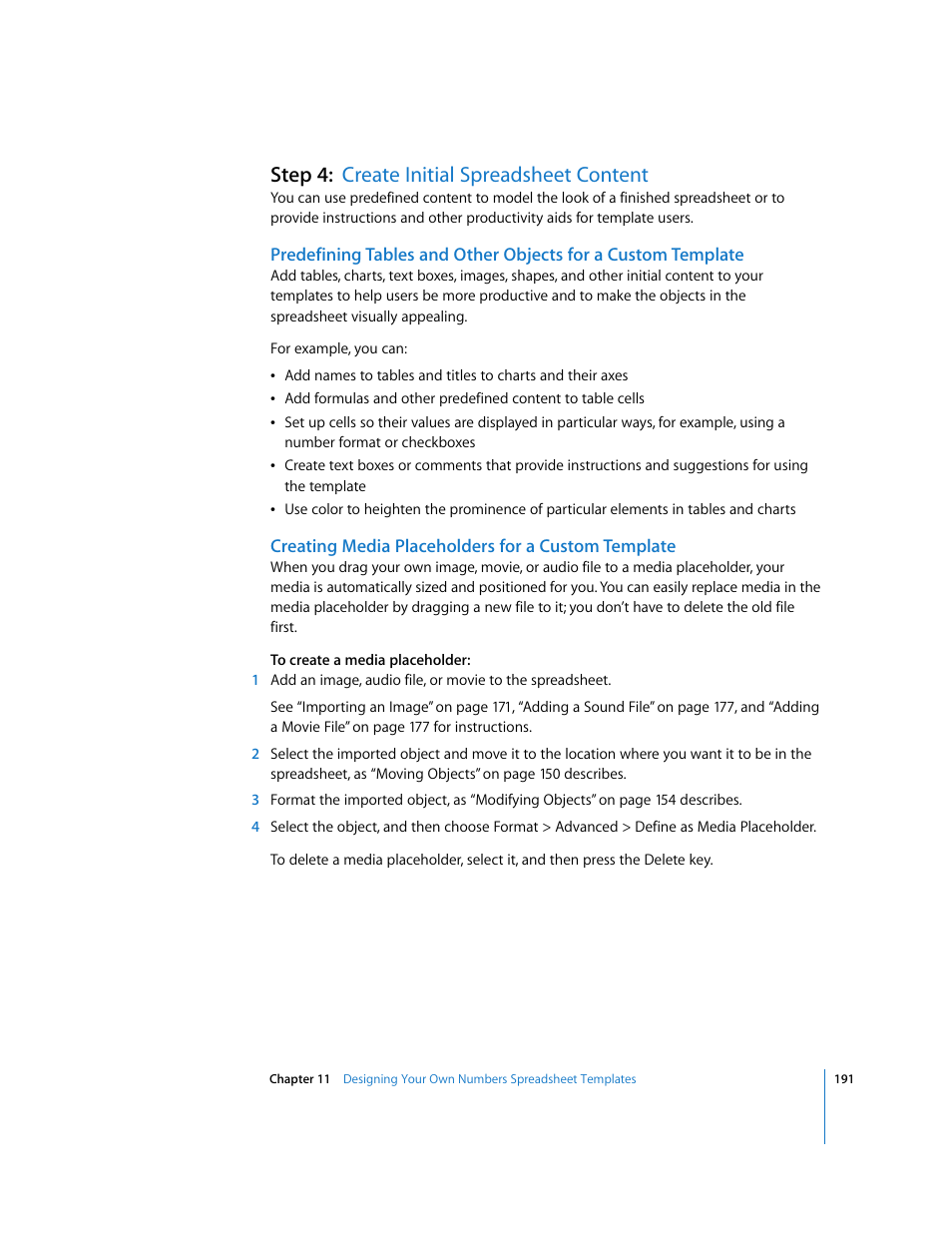 Step 4:create initial spreadsheet content, Creating media placeholders for a custom template, Step 4: create initial spreadsheet content | Apple Numbers '08 User Manual | Page 191 / 295