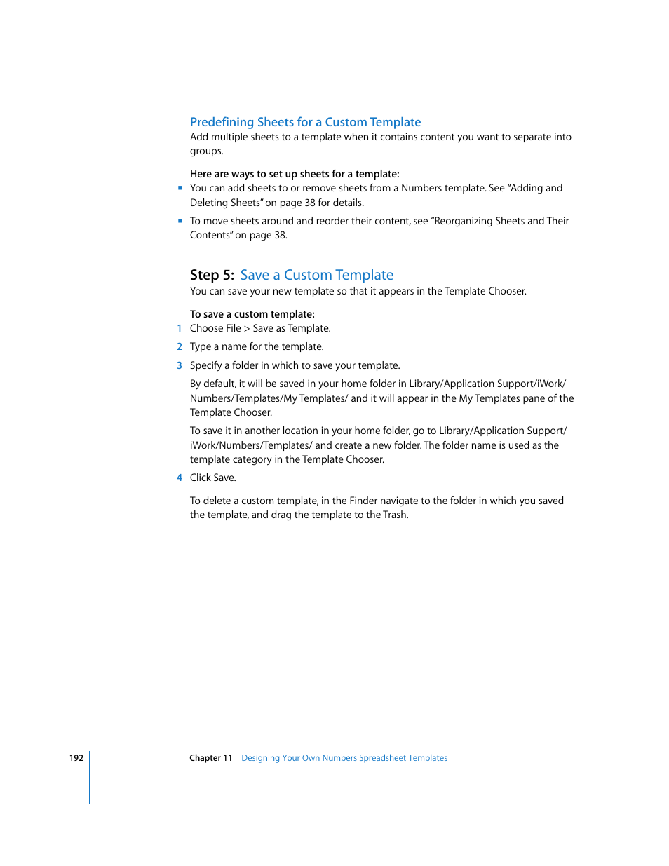 Predefining sheets for a custom template, Step 5:save a custom template, Step 5: save a custom template | Apple Numbers '08 User Manual | Page 192 / 295