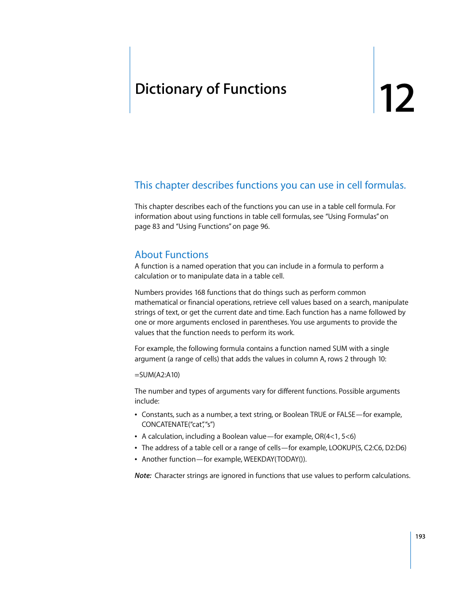 Dictionary of functions, About functions, Chapter 12 | Apple Numbers '08 User Manual | Page 193 / 295