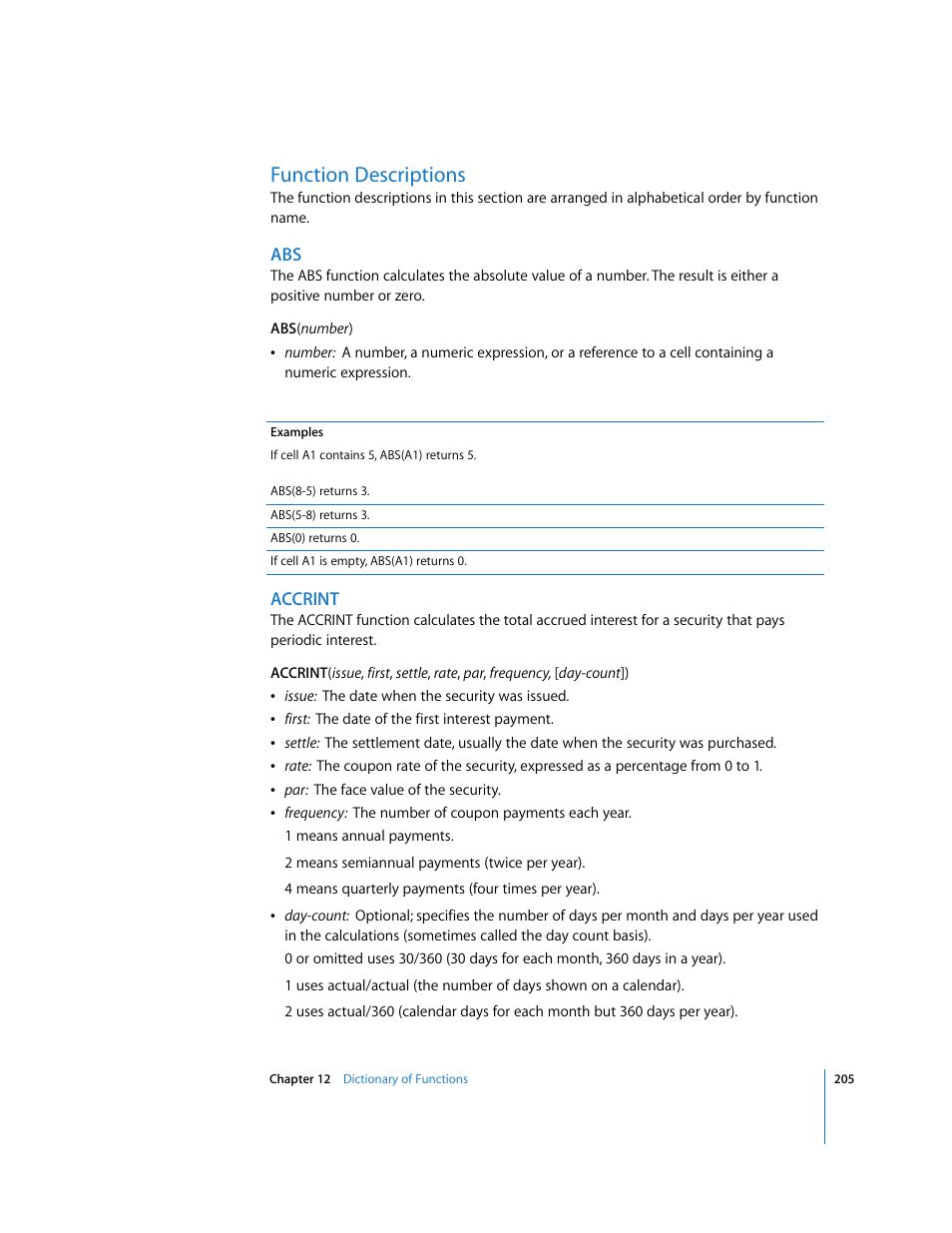 Function descriptions, Accrint | Apple Numbers '08 User Manual | Page 205 / 295