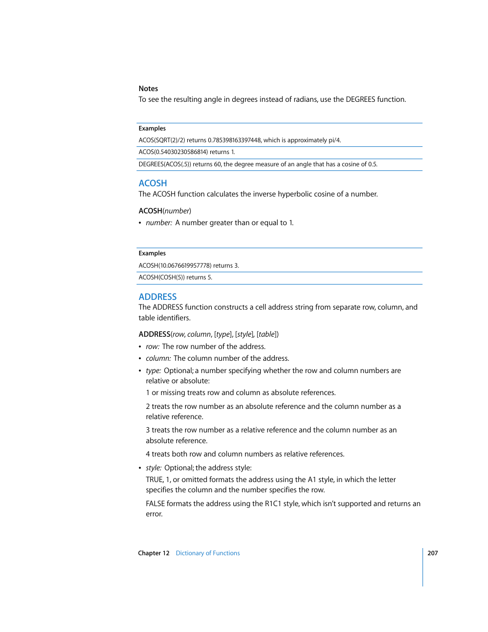 Acosh, Address | Apple Numbers '08 User Manual | Page 207 / 295