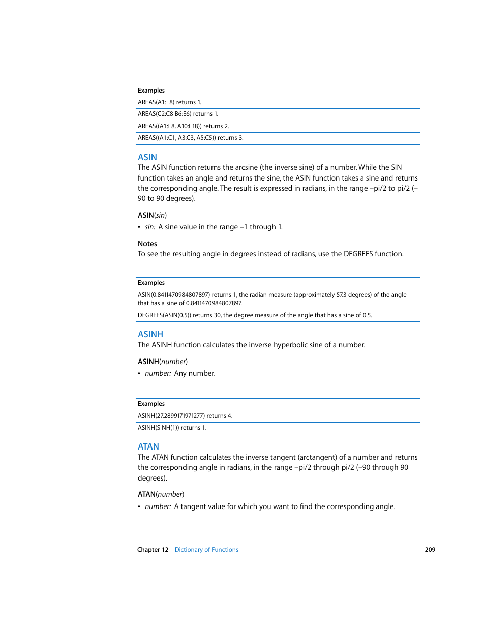 Asin, Asinh, Atan | Apple Numbers '08 User Manual | Page 209 / 295