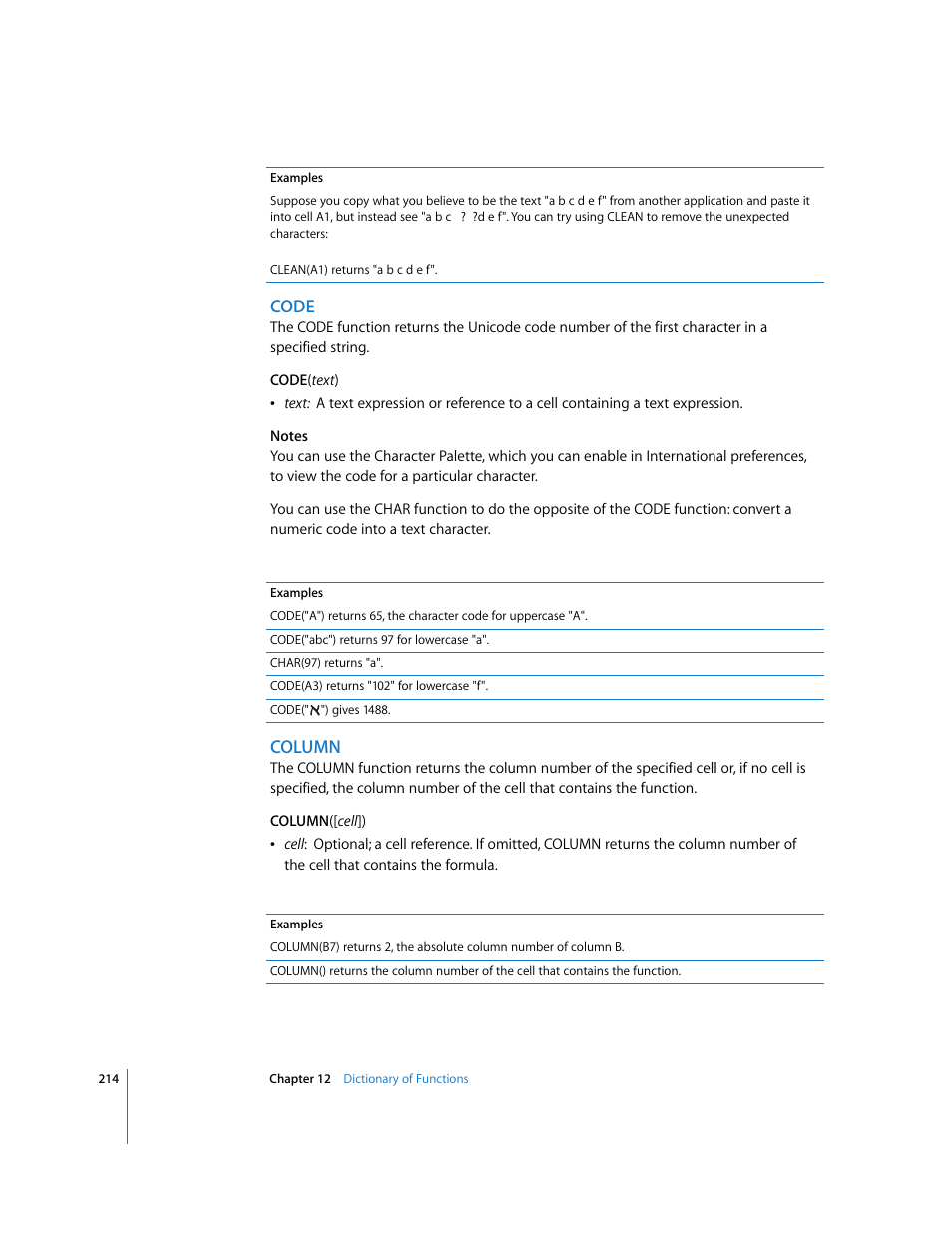 Code, Column | Apple Numbers '08 User Manual | Page 214 / 295