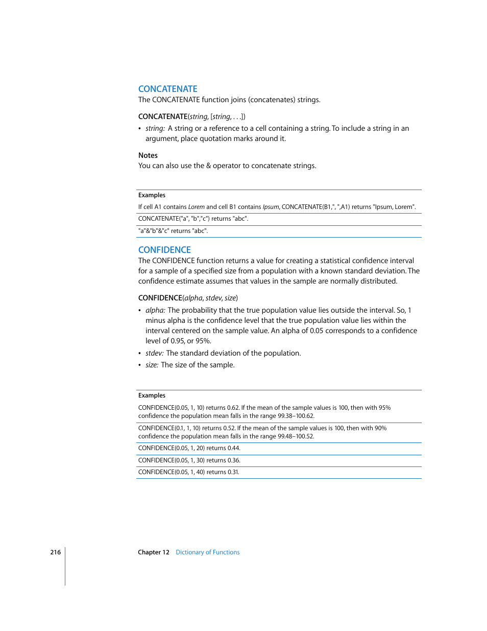 Concatenate, Confidence | Apple Numbers '08 User Manual | Page 216 / 295