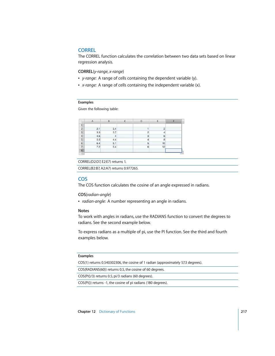 Correl | Apple Numbers '08 User Manual | Page 217 / 295