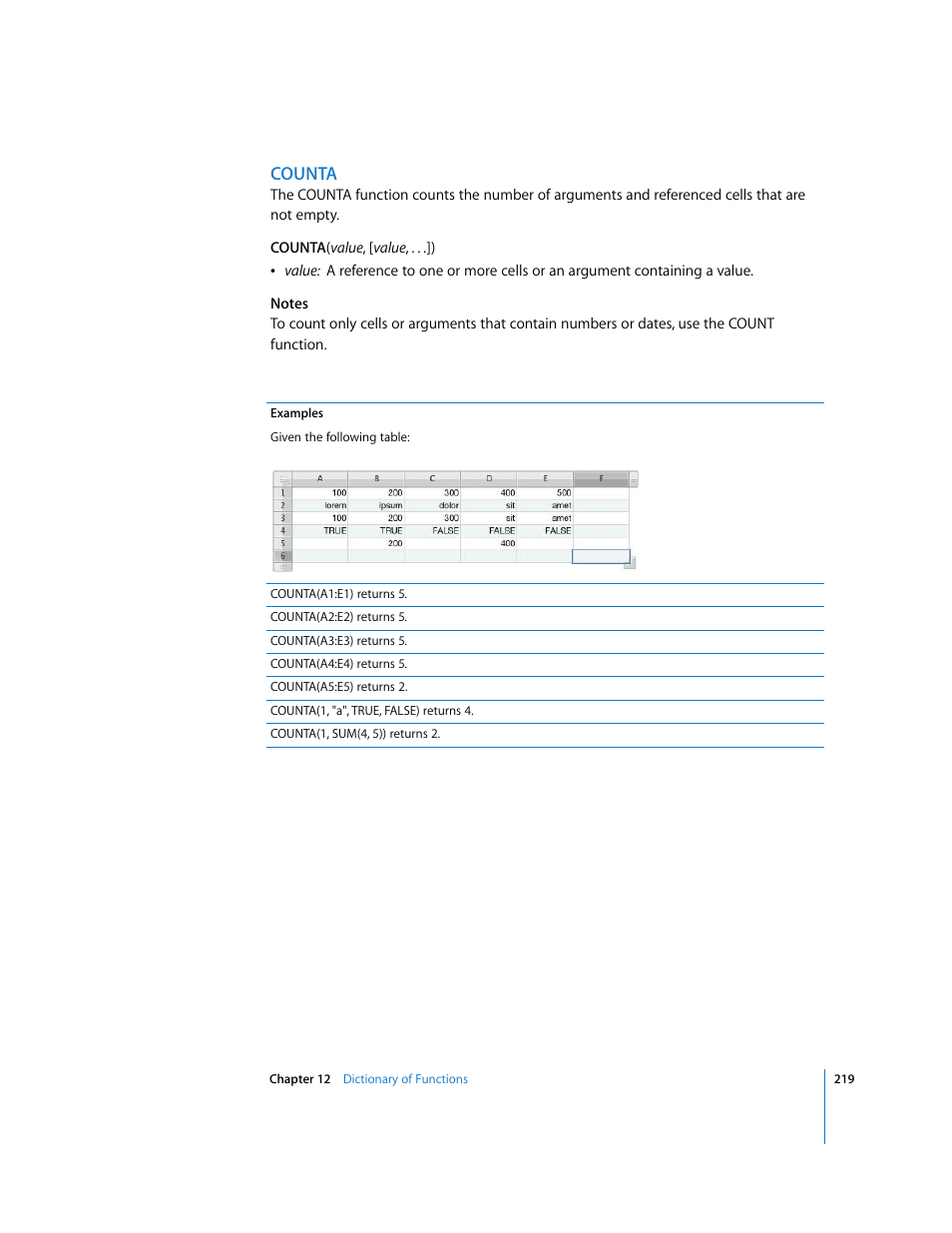 Counta | Apple Numbers '08 User Manual | Page 219 / 295
