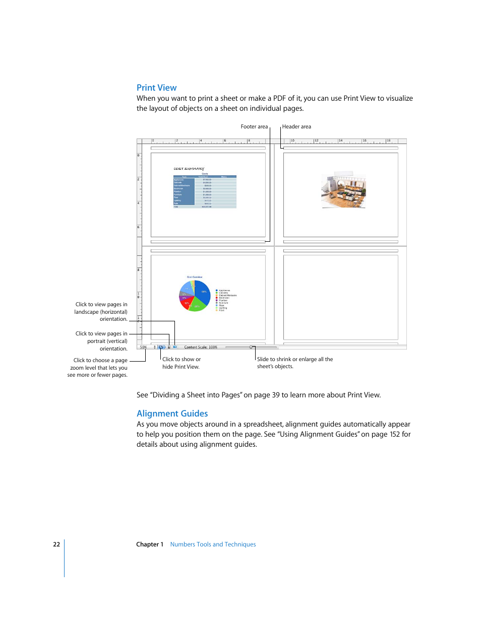 Print view, Alignment guides | Apple Numbers '08 User Manual | Page 22 / 295