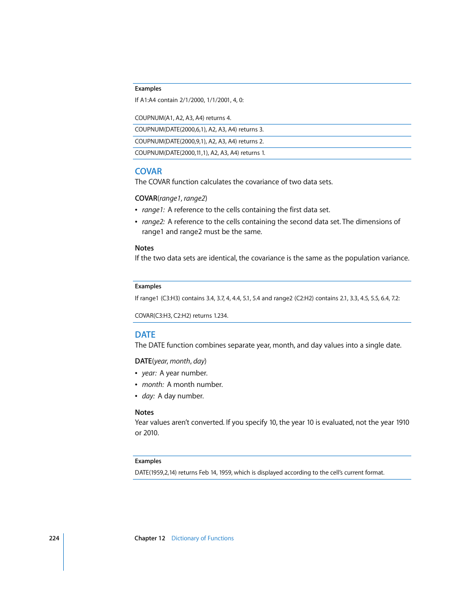 Covar, Date | Apple Numbers '08 User Manual | Page 224 / 295