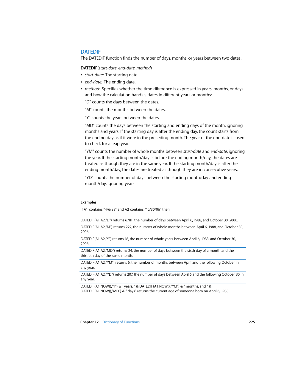 Datedif | Apple Numbers '08 User Manual | Page 225 / 295