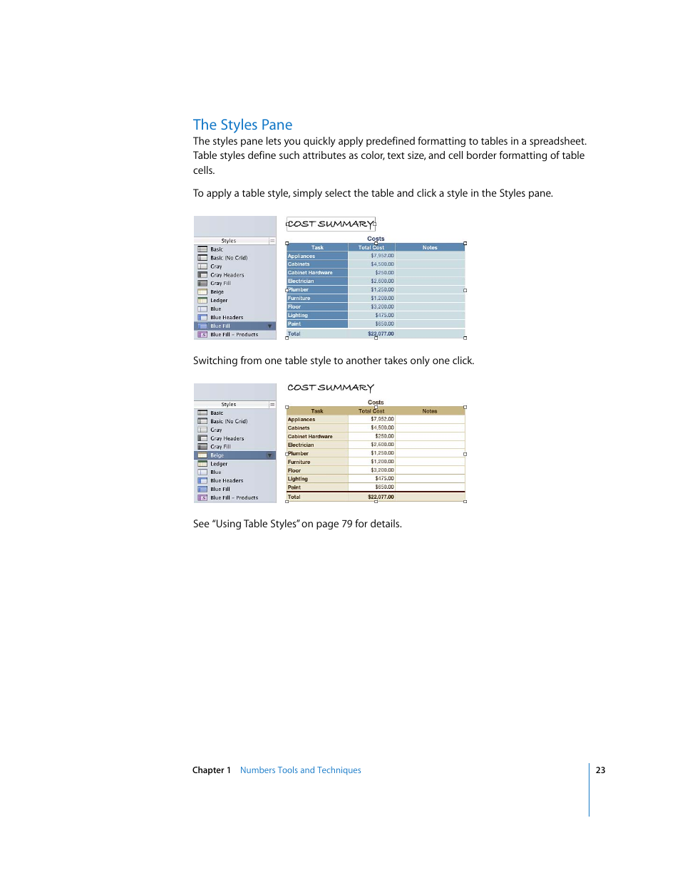 The styles pane | Apple Numbers '08 User Manual | Page 23 / 295