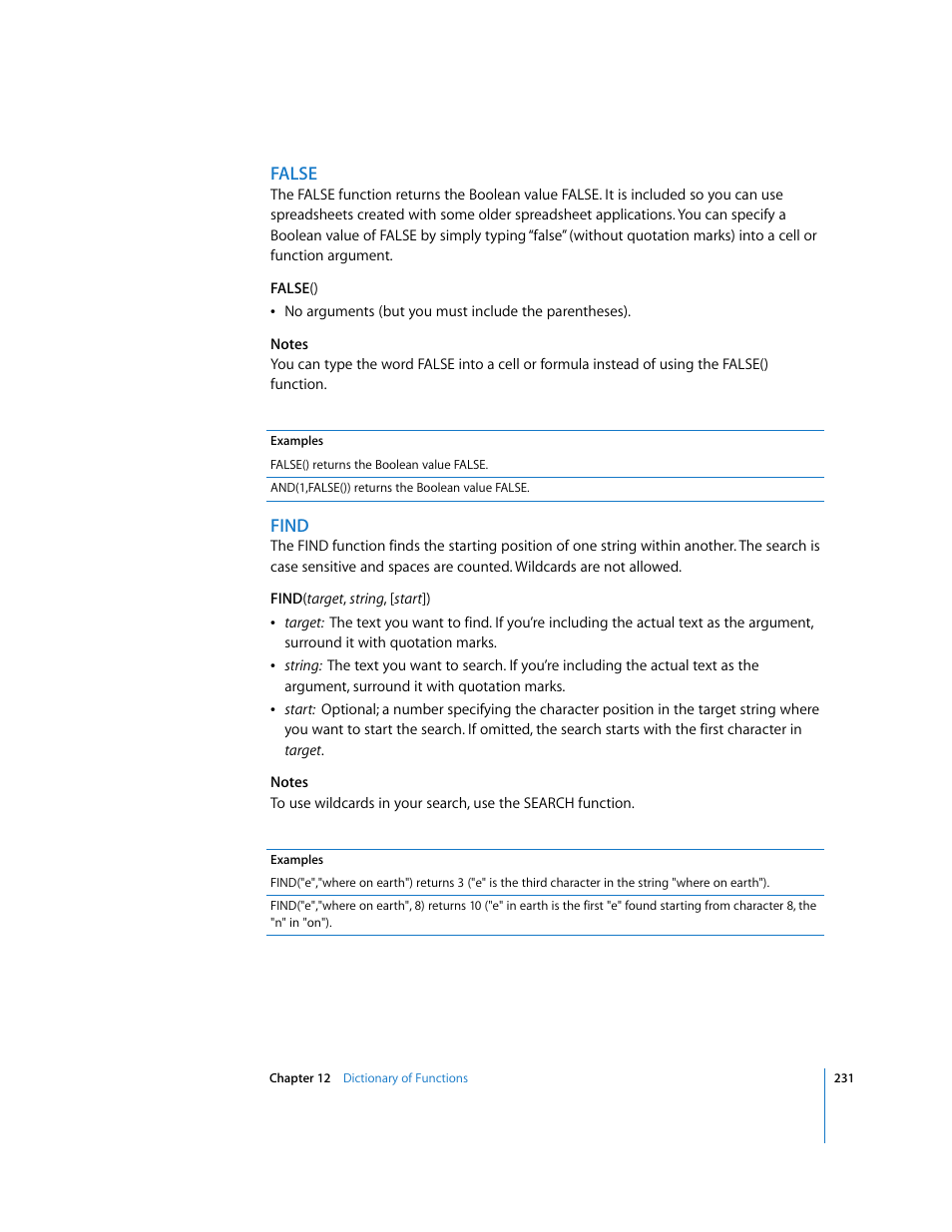 False, Find | Apple Numbers '08 User Manual | Page 231 / 295