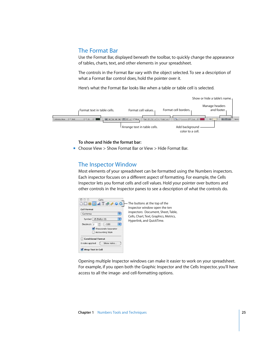 The format bar, The inspector window | Apple Numbers '08 User Manual | Page 25 / 295