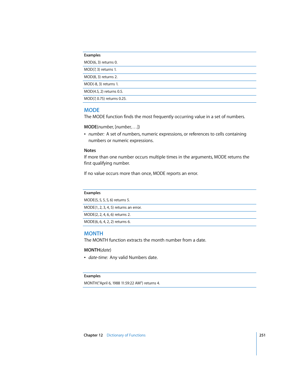 Mode, Month | Apple Numbers '08 User Manual | Page 251 / 295