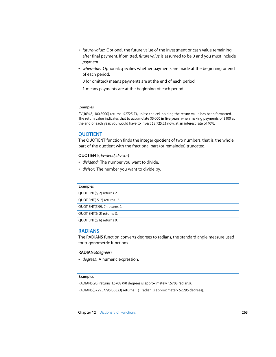 Quotient, Radians | Apple Numbers '08 User Manual | Page 263 / 295