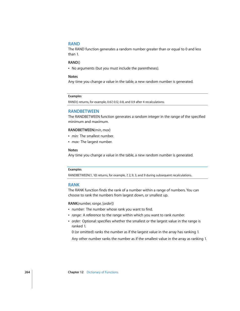 Rand, Randbetween, Rank | Apple Numbers '08 User Manual | Page 264 / 295