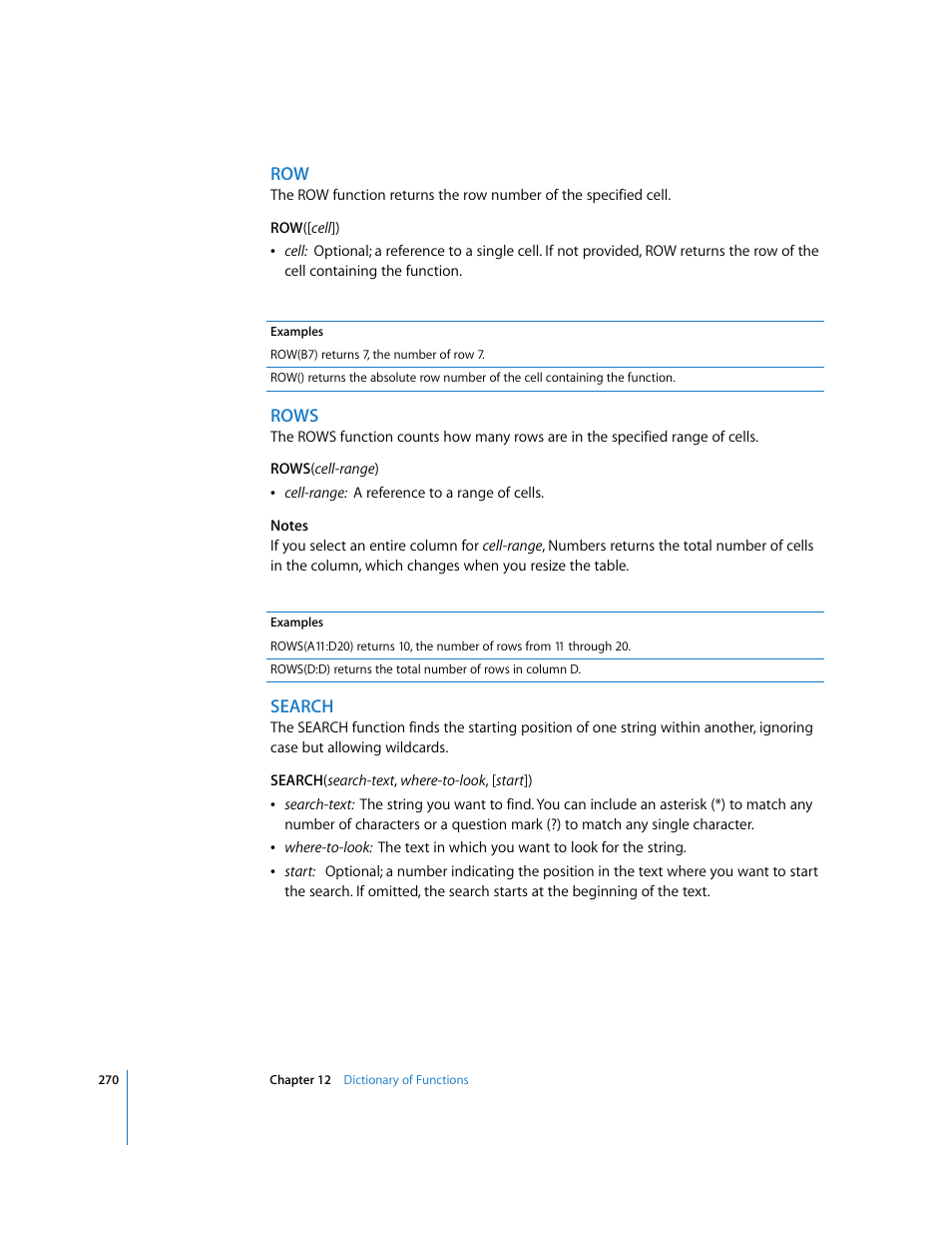 Rows, Search | Apple Numbers '08 User Manual | Page 270 / 295