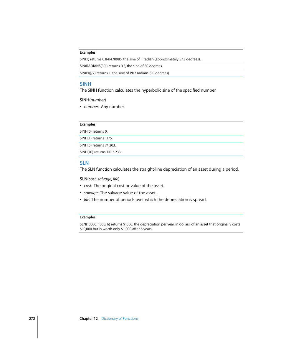 Sinh | Apple Numbers '08 User Manual | Page 272 / 295