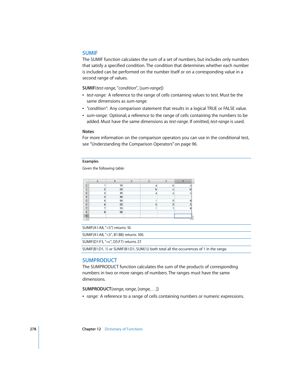 Sumif, Sumproduct | Apple Numbers '08 User Manual | Page 278 / 295