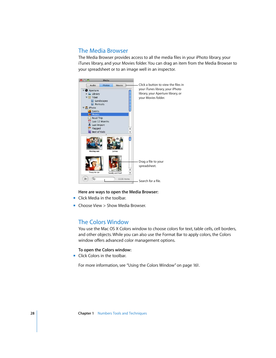 The media browser, The colors window | Apple Numbers '08 User Manual | Page 28 / 295