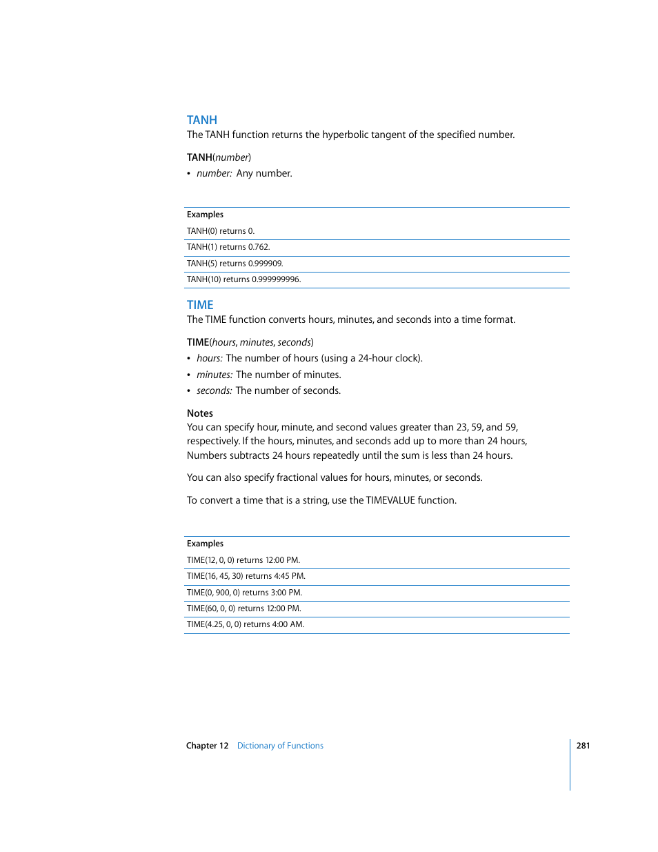 Tanh, Time | Apple Numbers '08 User Manual | Page 281 / 295