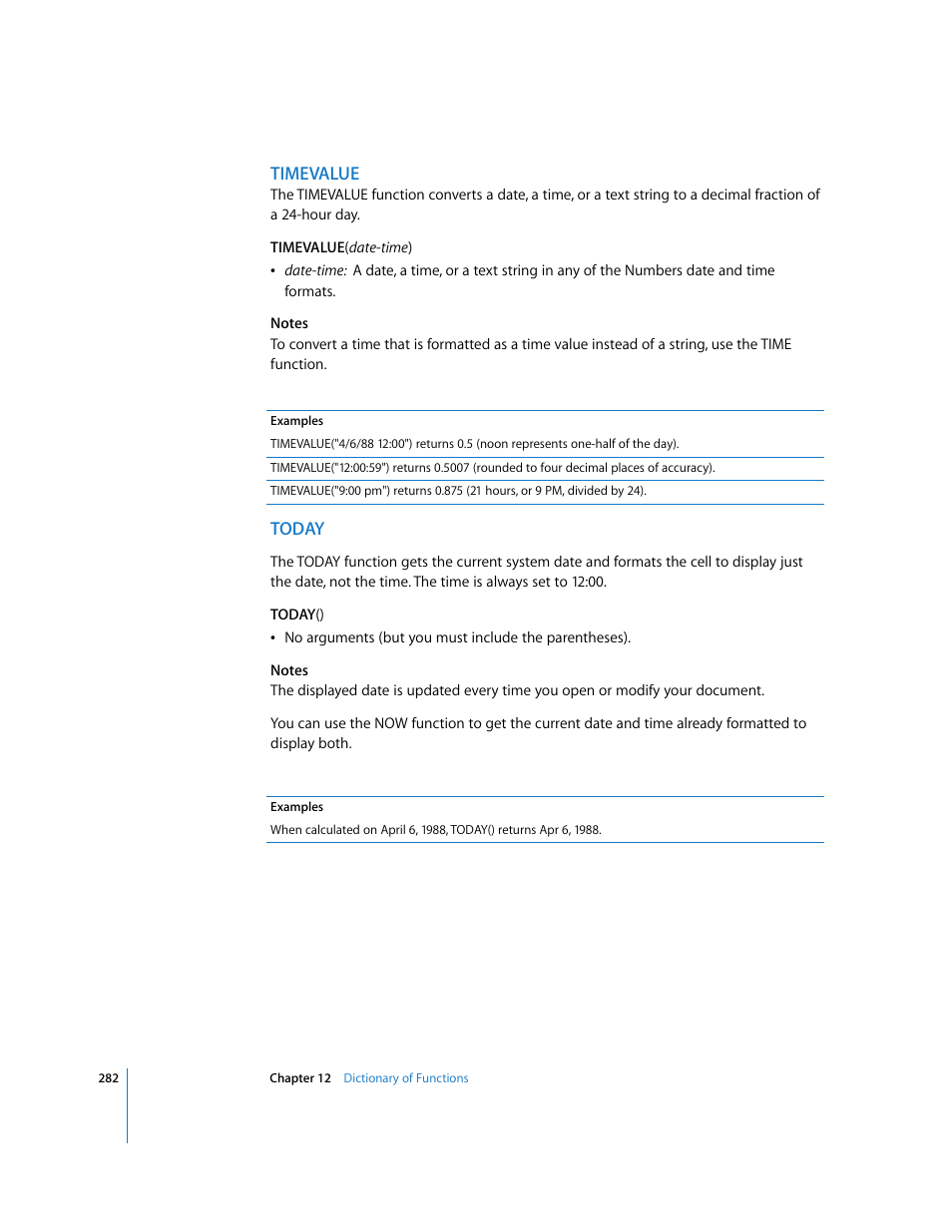 Timevalue, Today | Apple Numbers '08 User Manual | Page 282 / 295