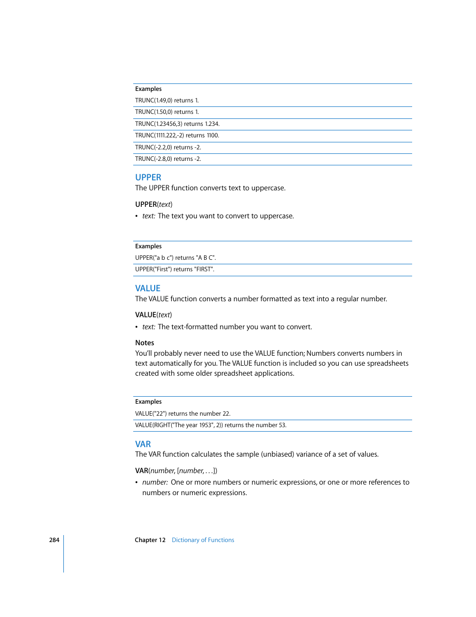 Upper, Value | Apple Numbers '08 User Manual | Page 284 / 295