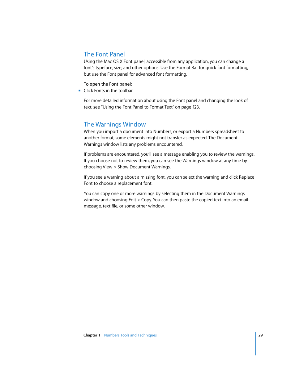 The font panel, The warnings window | Apple Numbers '08 User Manual | Page 29 / 295