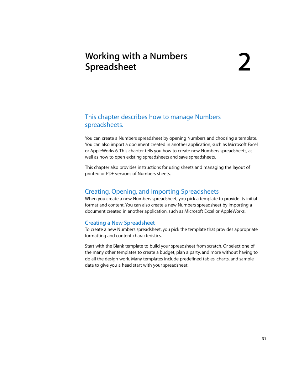 Working with a numbers spreadsheet, Creating, opening, and importing spreadsheets, Creating a new spreadsheet | Chapter 2 | Apple Numbers '08 User Manual | Page 31 / 295