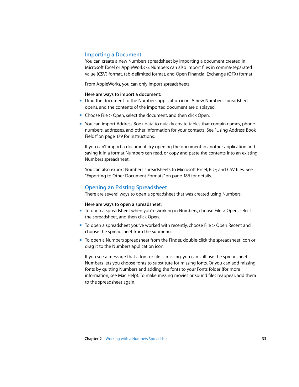 Importing a document, Opening an existing spreadsheet | Apple Numbers '08 User Manual | Page 33 / 295