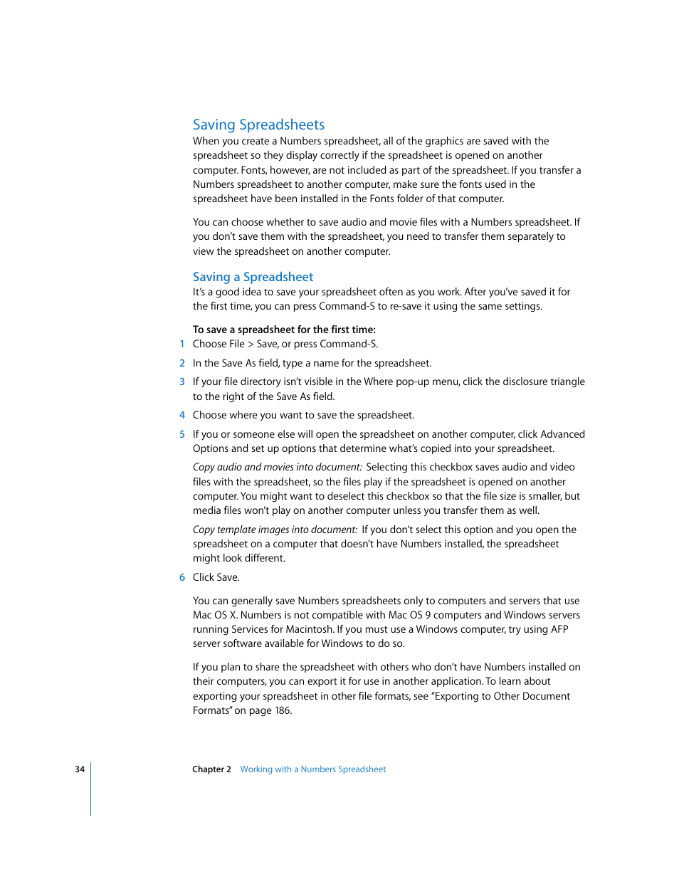 Saving spreadsheets, Saving a spreadsheet | Apple Numbers '08 User Manual | Page 34 / 295