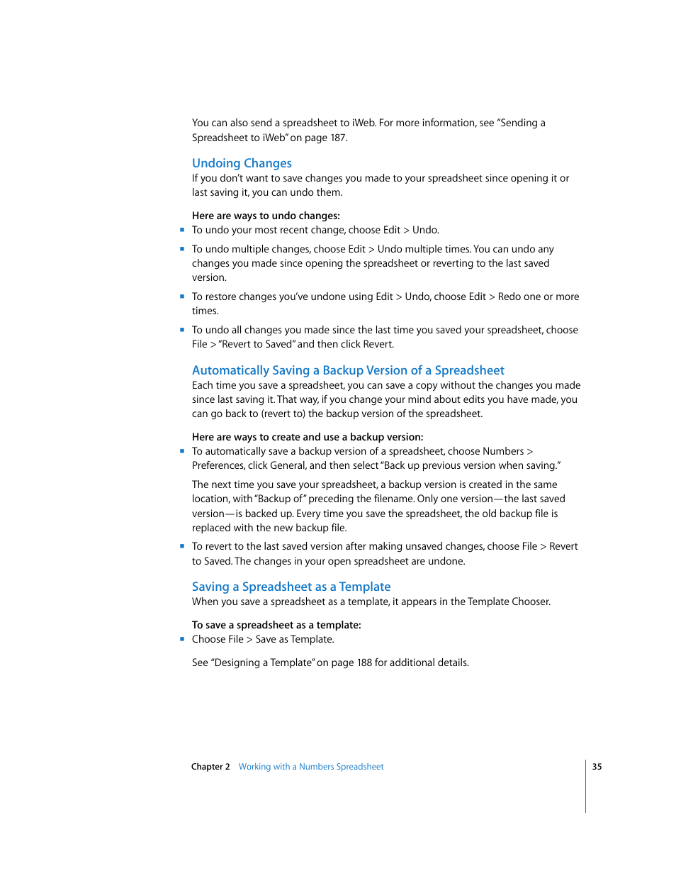 Undoing changes, Saving a spreadsheet as a template | Apple Numbers '08 User Manual | Page 35 / 295