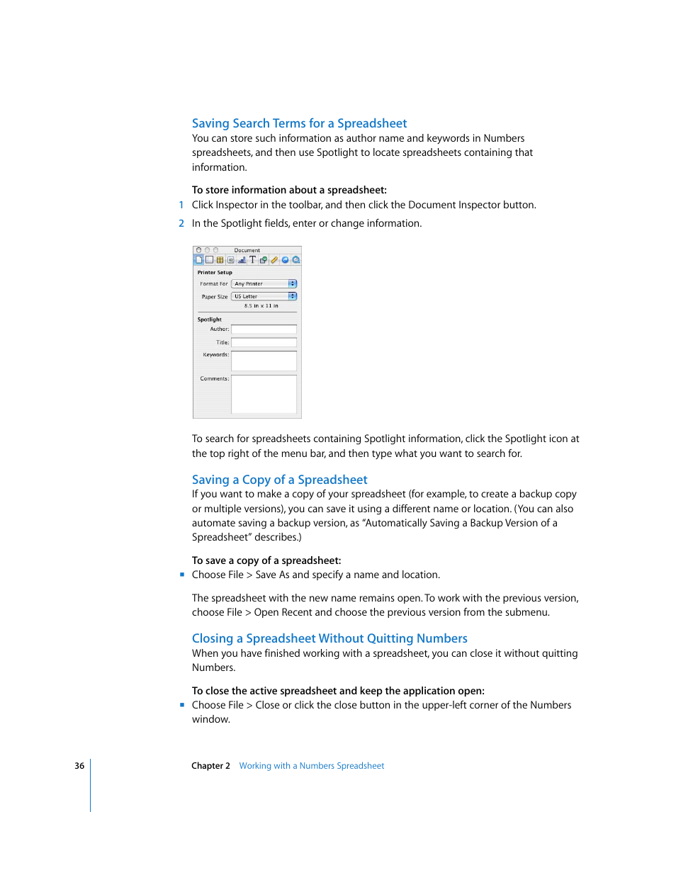 Saving search terms for a spreadsheet, Saving a copy of a spreadsheet, Closing a spreadsheet without quitting numbers | Apple Numbers '08 User Manual | Page 36 / 295