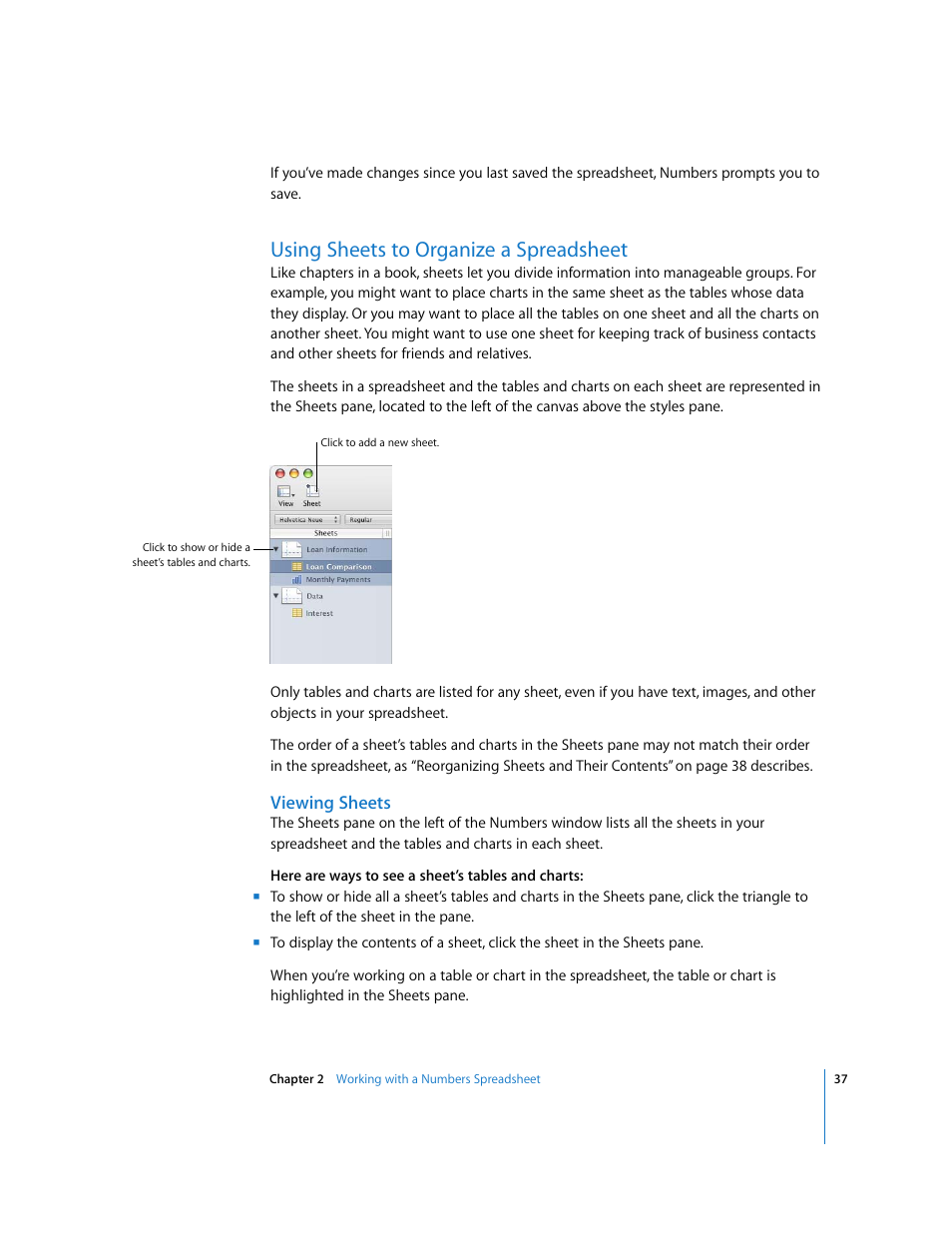 Using sheets to organize a spreadsheet, Viewing sheets | Apple Numbers '08 User Manual | Page 37 / 295