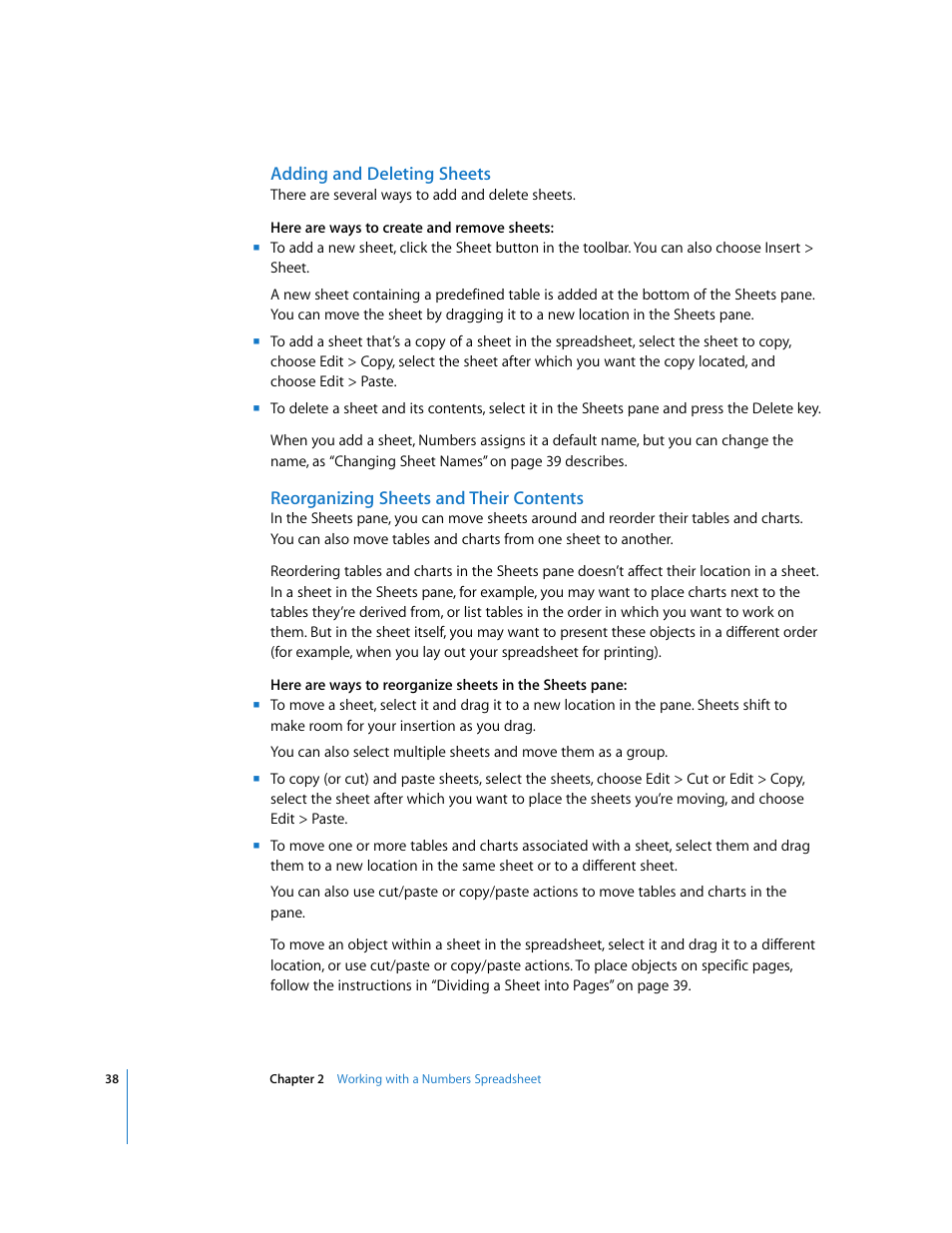 Adding and deleting sheets, Reorganizing sheets and their contents | Apple Numbers '08 User Manual | Page 38 / 295