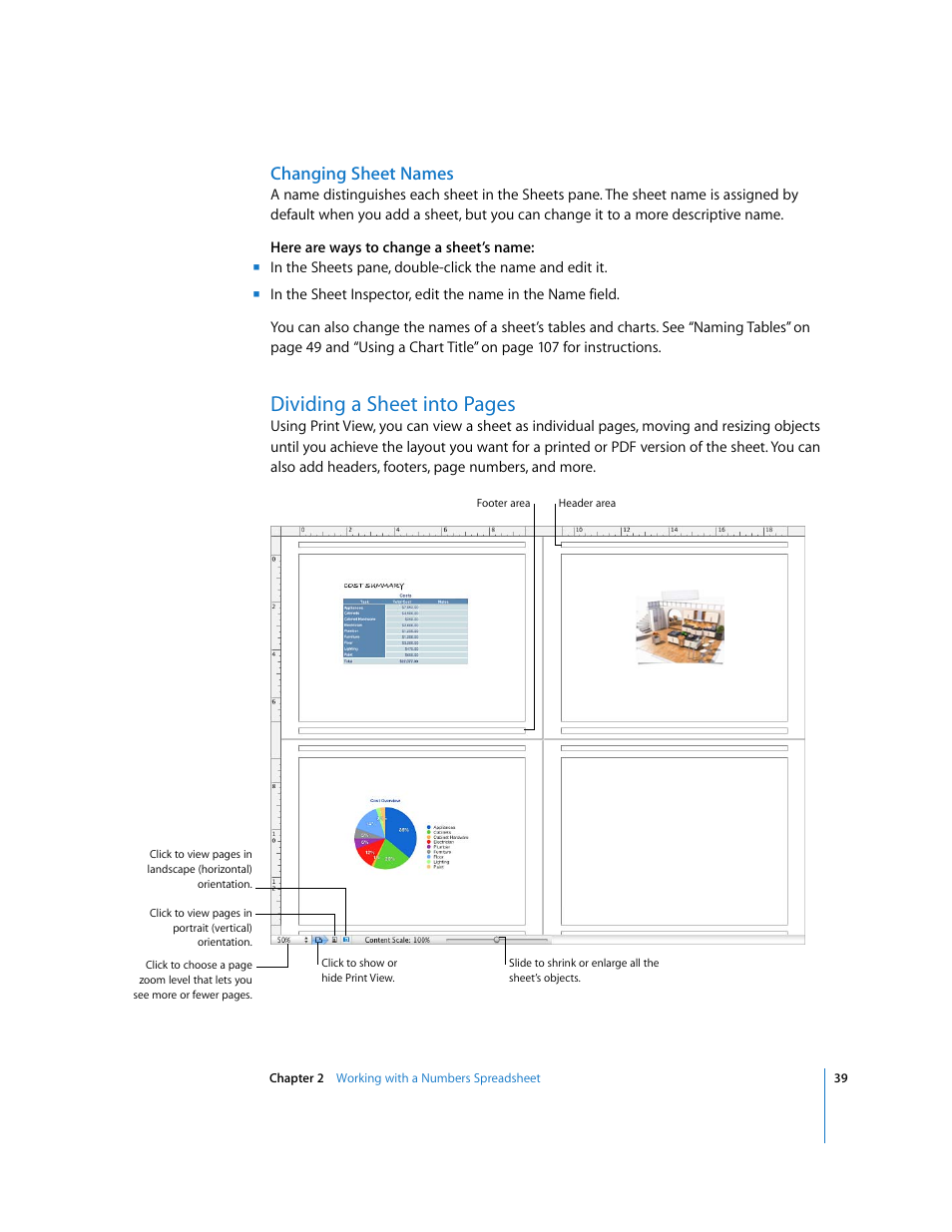 Changing sheet names, Dividing a sheet into pages | Apple Numbers '08 User Manual | Page 39 / 295