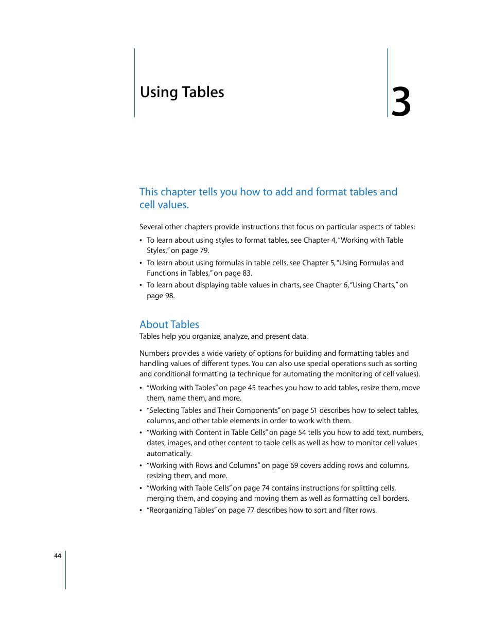 Using tables, About tables, Chapter 3 | Apple Numbers '08 User Manual | Page 44 / 295