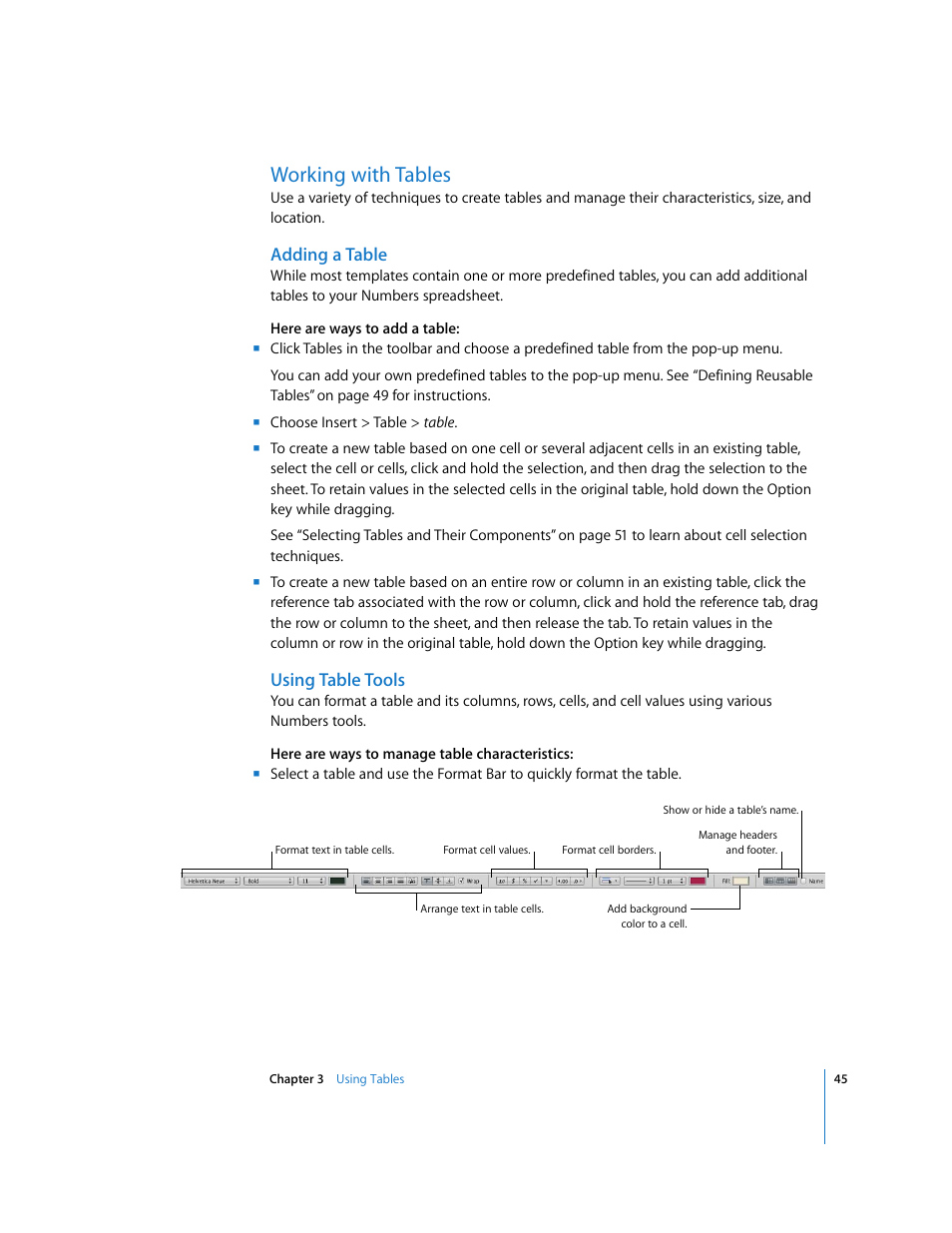 Working with tables, Adding a table, Using table tools | Apple Numbers '08 User Manual | Page 45 / 295