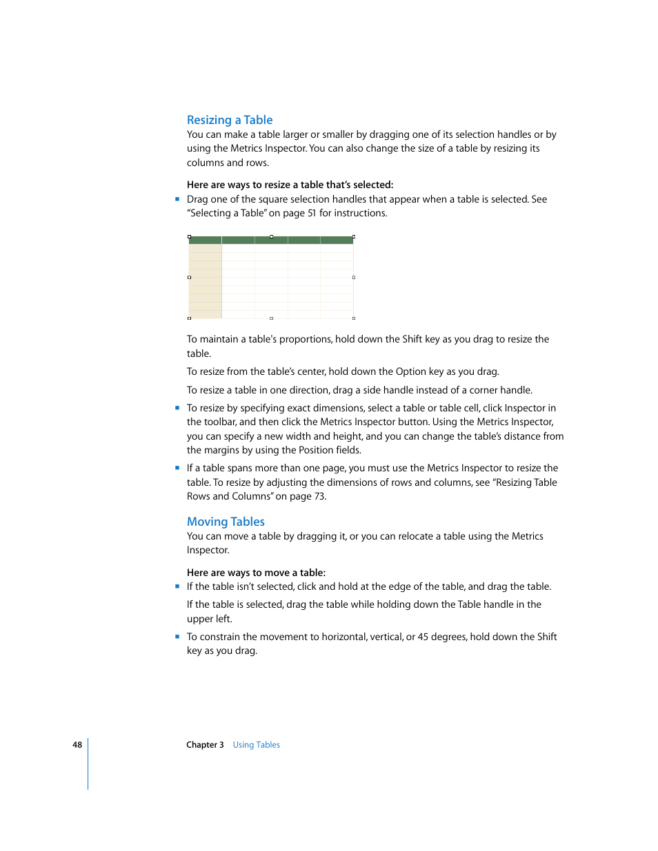 Resizing a table, Moving tables | Apple Numbers '08 User Manual | Page 48 / 295