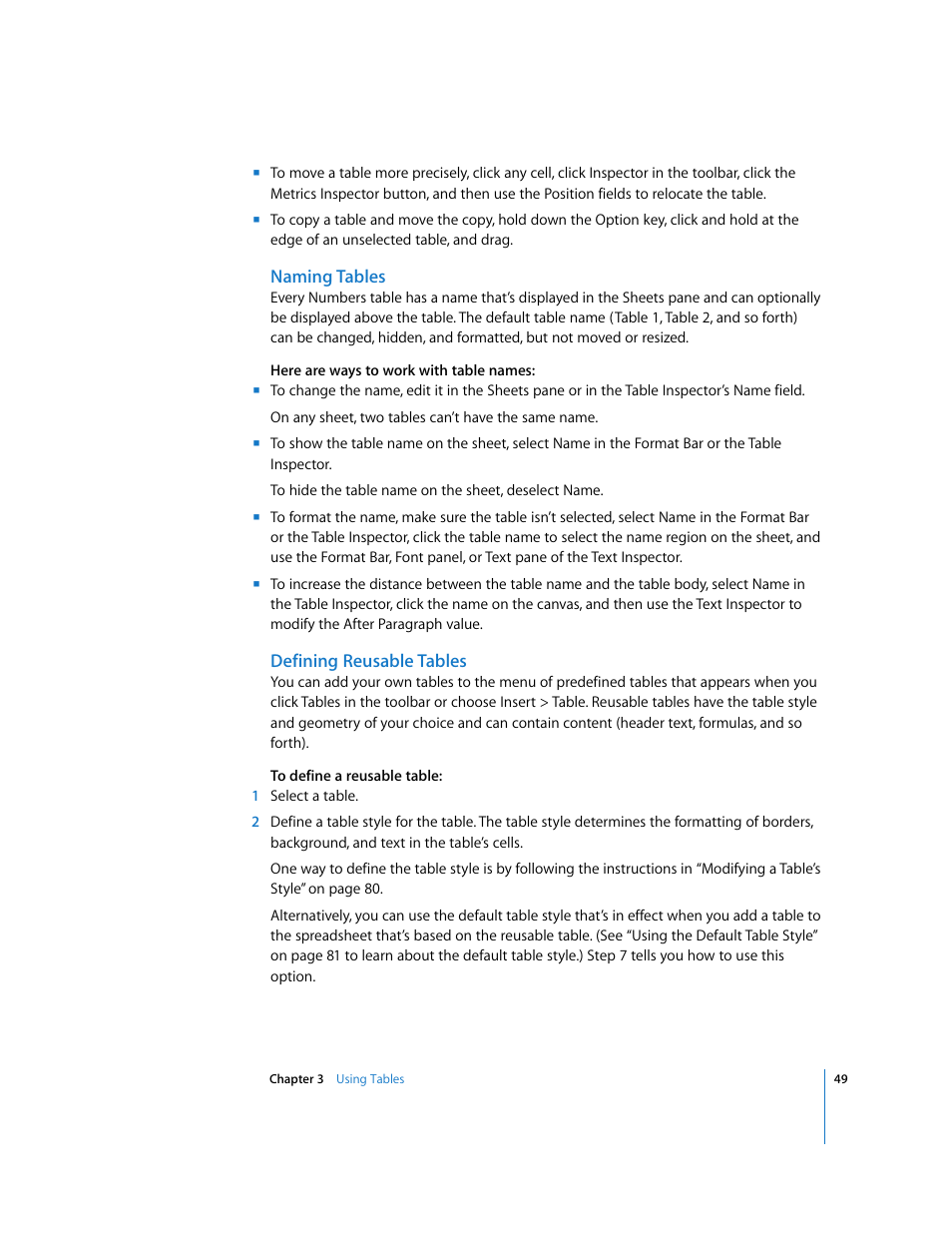 Naming tables, Defining reusable tables | Apple Numbers '08 User Manual | Page 49 / 295