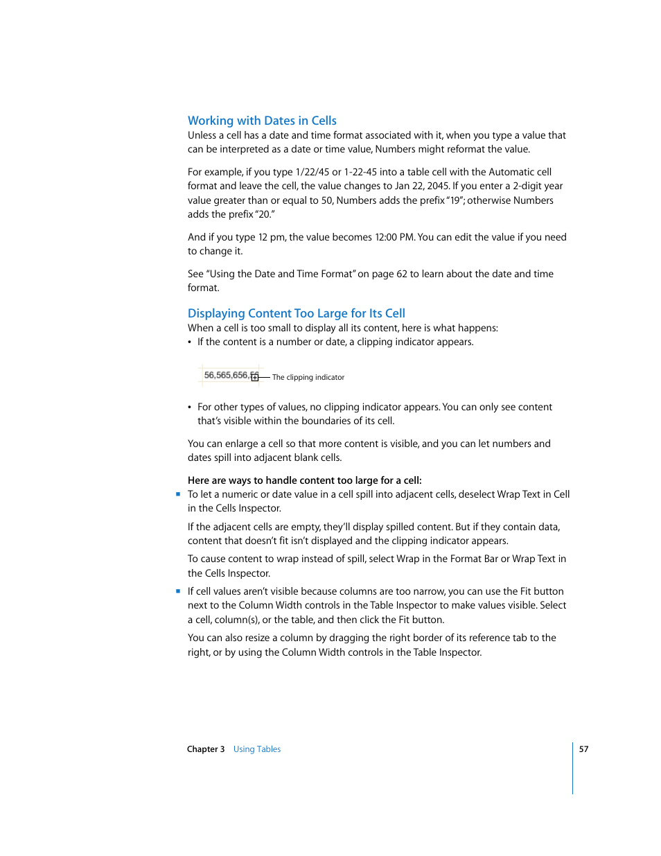 Working with dates in cells, Displaying content too large for its cell | Apple Numbers '08 User Manual | Page 57 / 295
