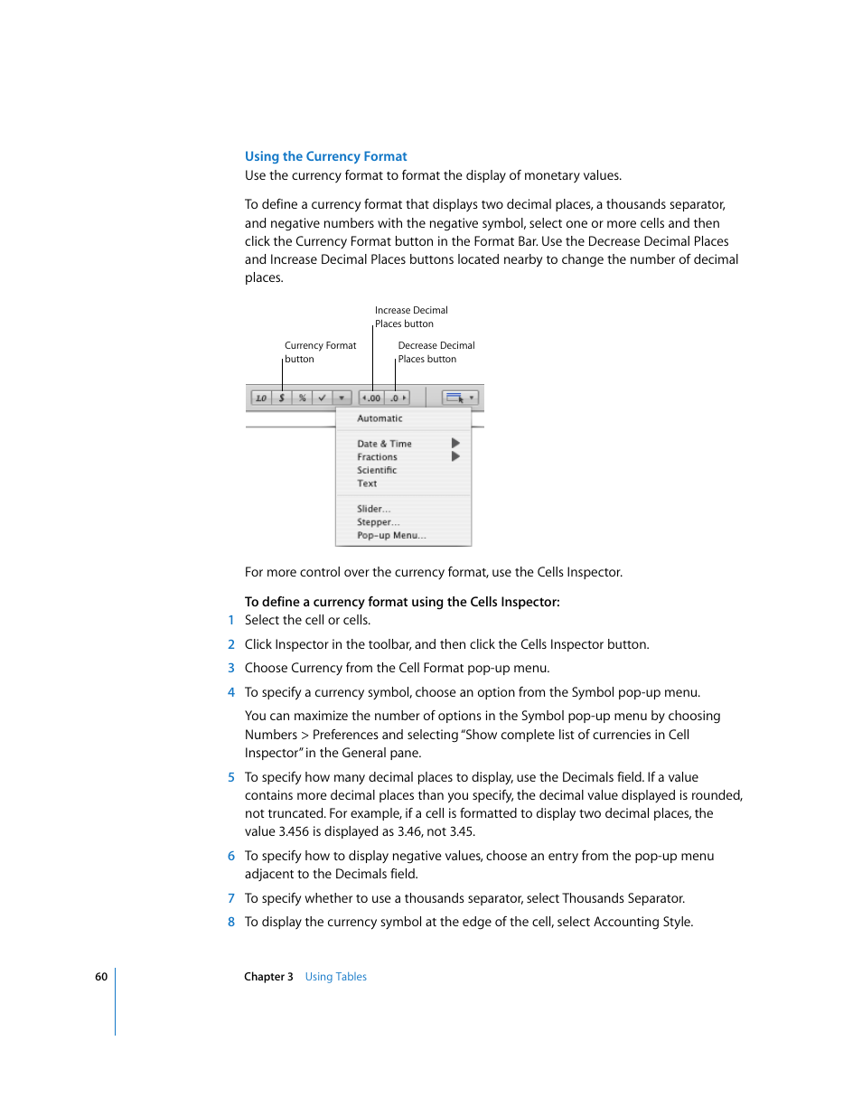 Using the currency format | Apple Numbers '08 User Manual | Page 60 / 295