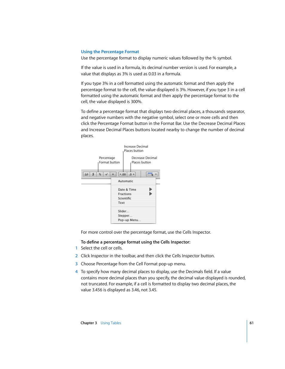 Using the percentage format | Apple Numbers '08 User Manual | Page 61 / 295