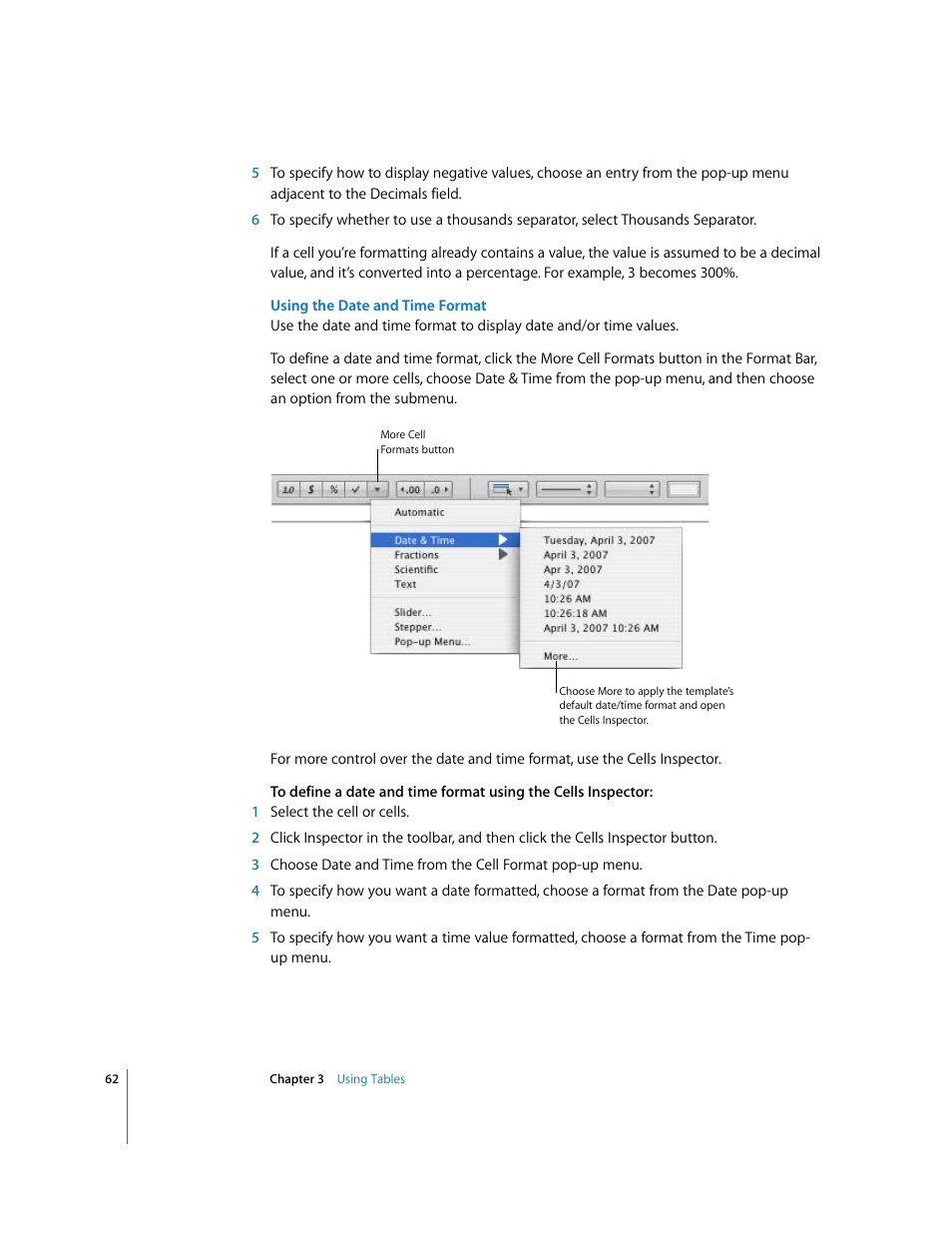 Using the date and time format | Apple Numbers '08 User Manual | Page 62 / 295