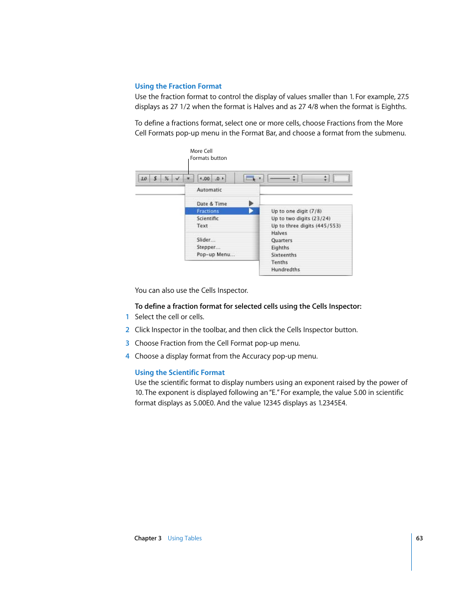 Using the fraction format, Using the scientific format | Apple Numbers '08 User Manual | Page 63 / 295