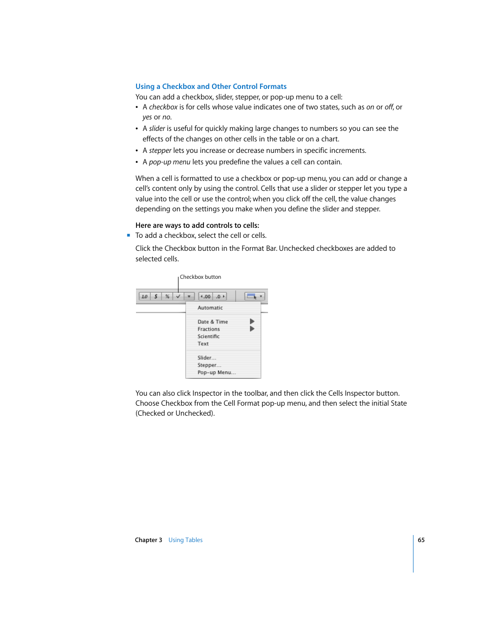 Using a checkbox and other control formats | Apple Numbers '08 User Manual | Page 65 / 295
