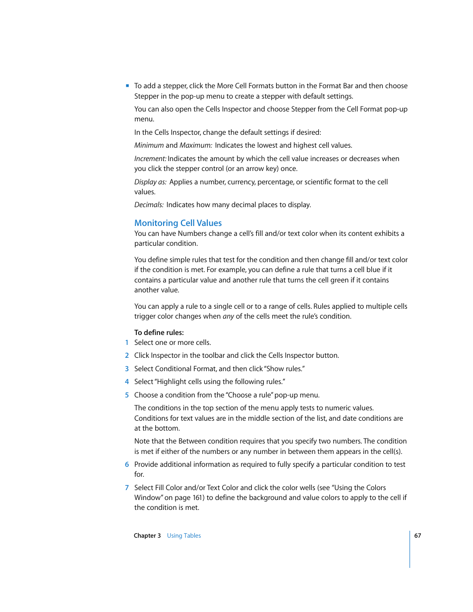 Monitoring cell values | Apple Numbers '08 User Manual | Page 67 / 295