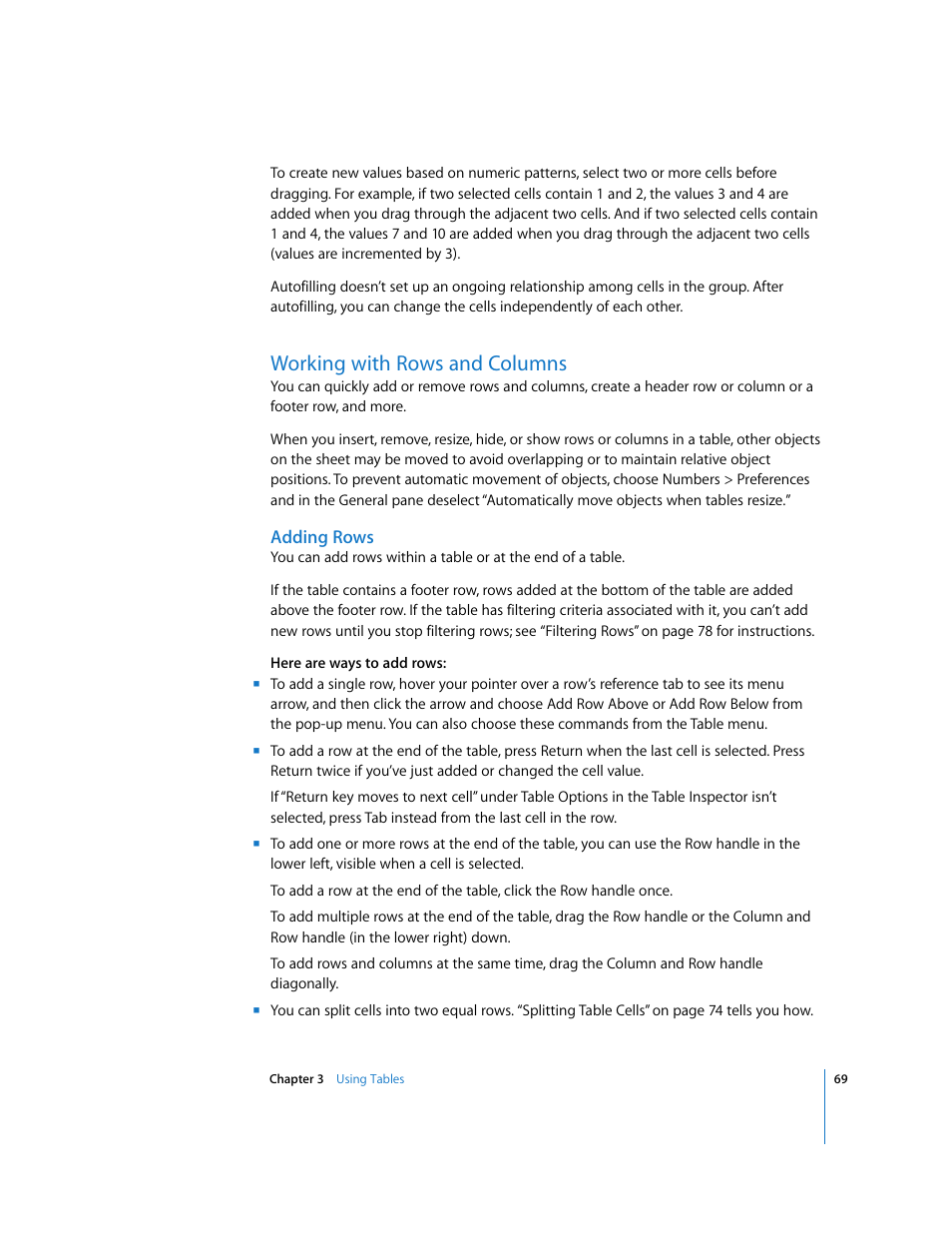 Working with rows and columns, Adding rows | Apple Numbers '08 User Manual | Page 69 / 295